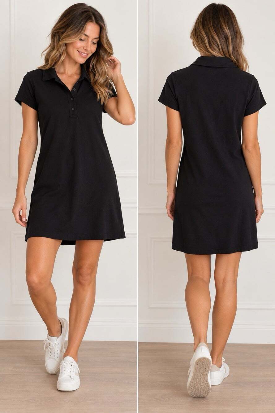 Lou & Grey Black Polo Shirt Dress Medium Cotton Short Sleeve Casual